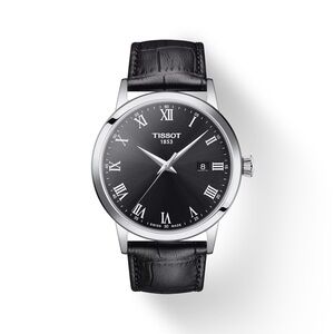 Tissot Silver and Black Watch with Leather Strap